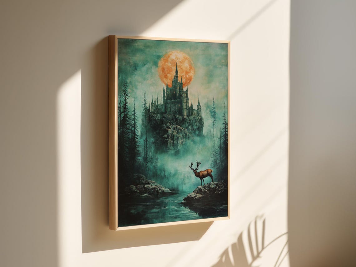 Gothic Castle Under Huge Amber Moon Misty Forest Fantasy Poster - Image 4
