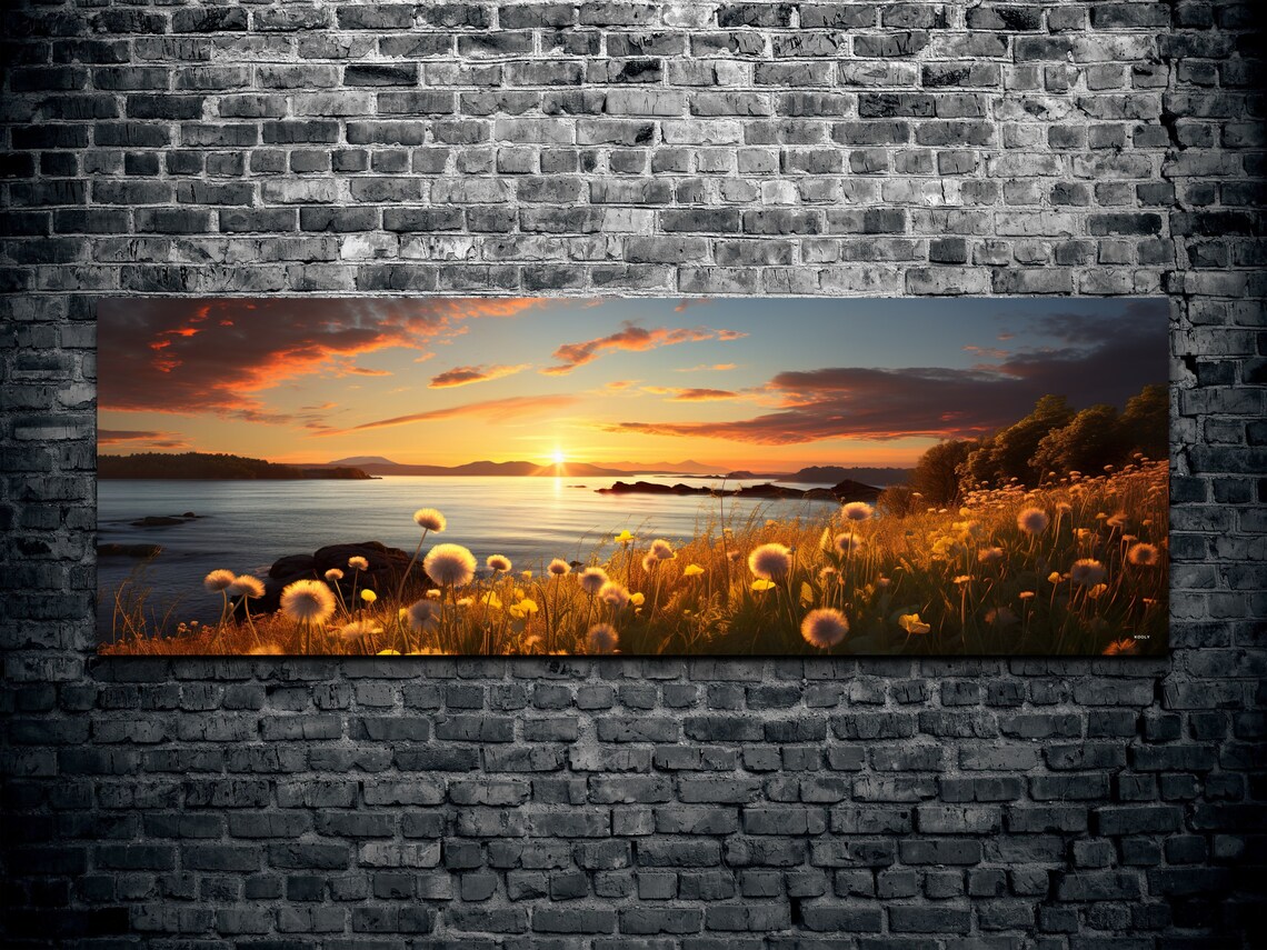 Dandelion Field Lake Sunset Golden Hour Panoramic Art Poster - Image 2