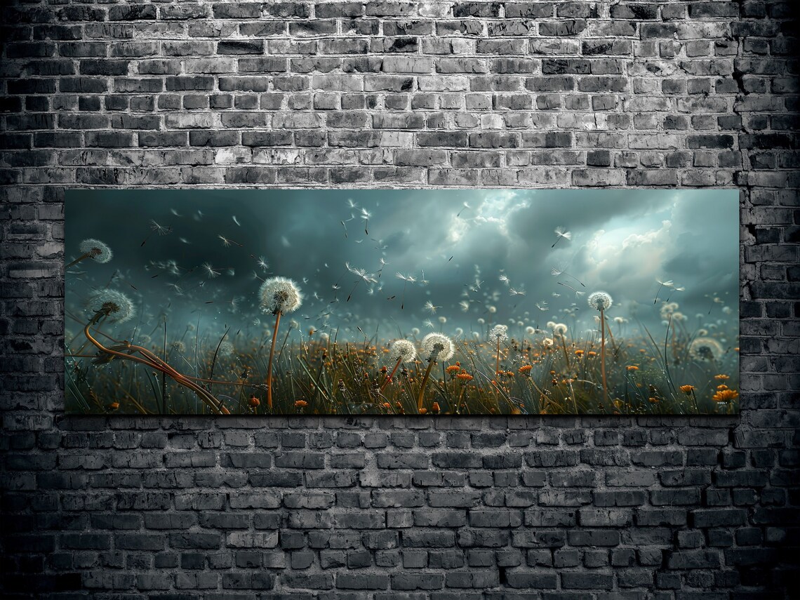 Gloomy Cloudy Dandelion Meadow Wall Art Print - Image 2
