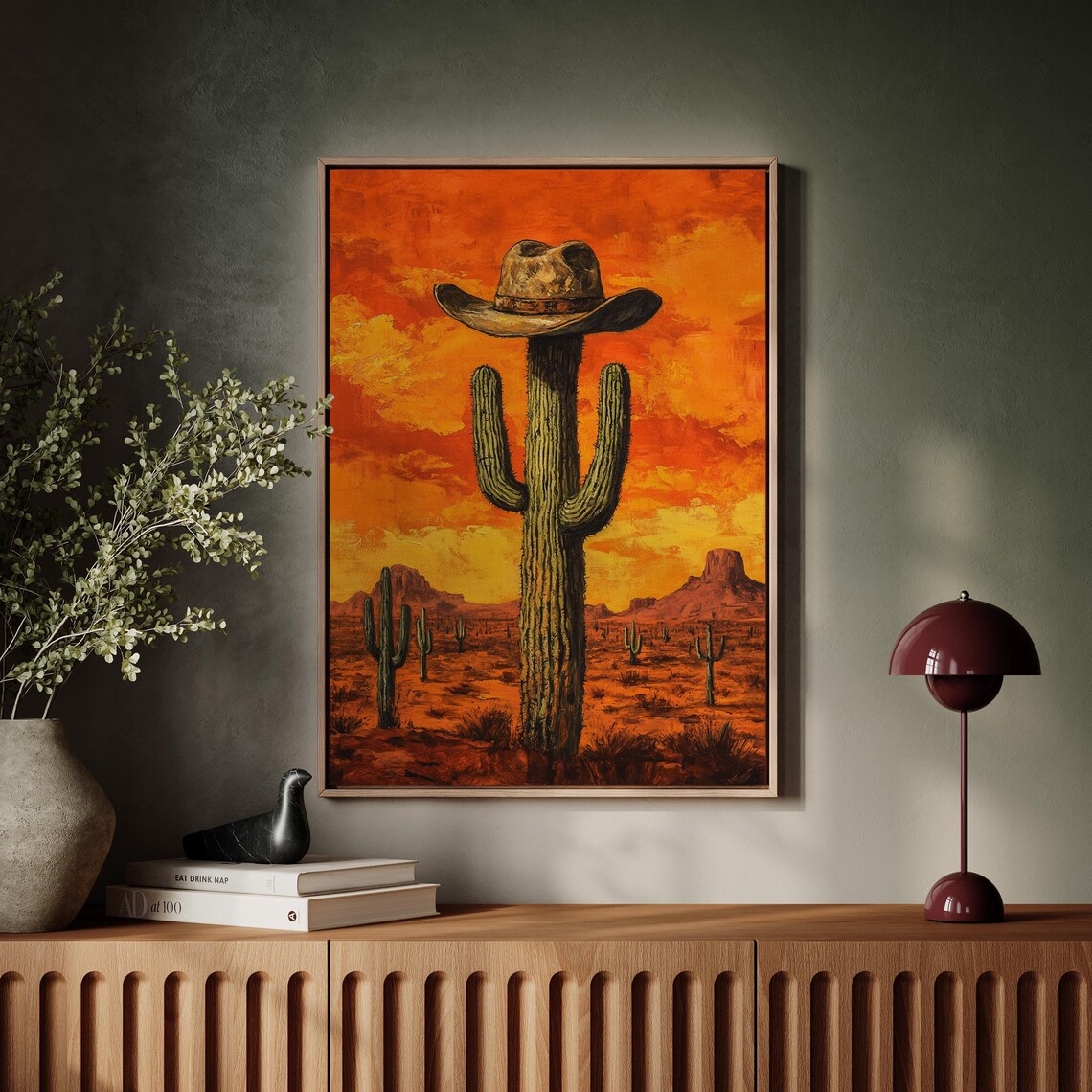 Saguaro Cactus Wearing Cowboy Hat Orange Desert Sunset Poster - Image 7
