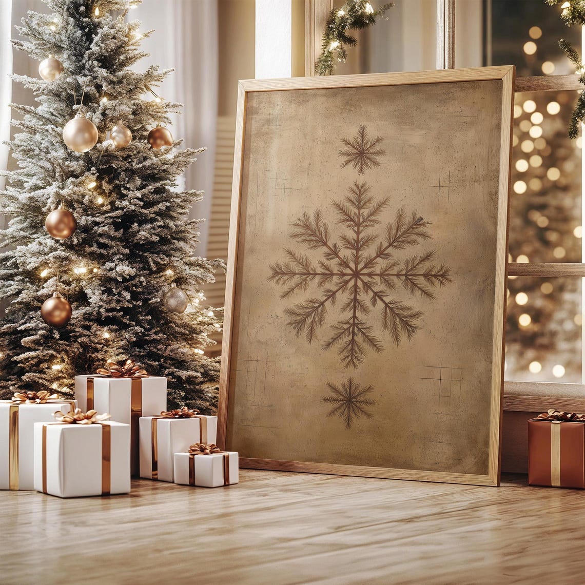 Rustic Vintage Snowflake Botanical Sepia Canvas Decor Poster