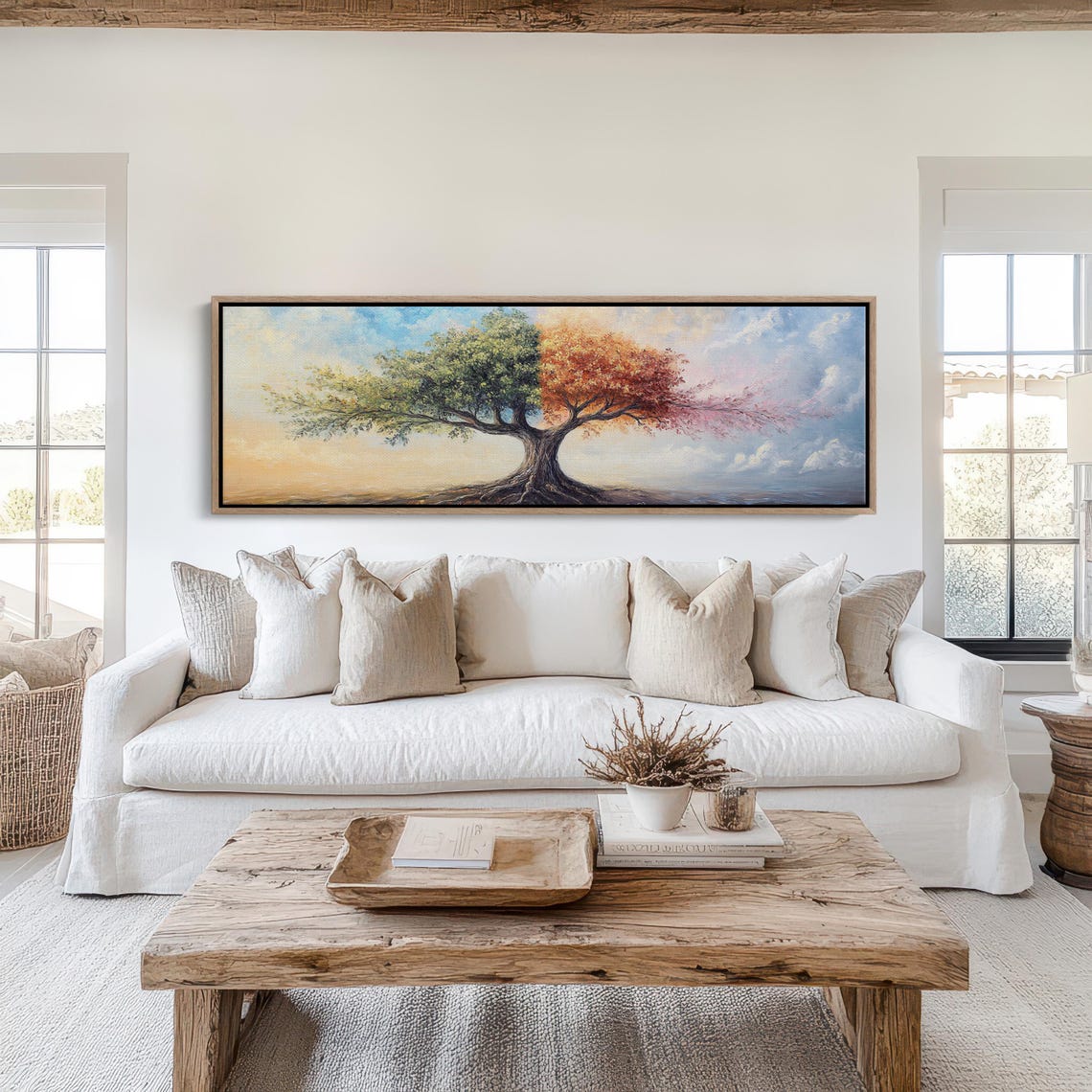 Half Summer Half Autumn Tree Dreamlike Seasonal Panoramic Art Print - Image 4