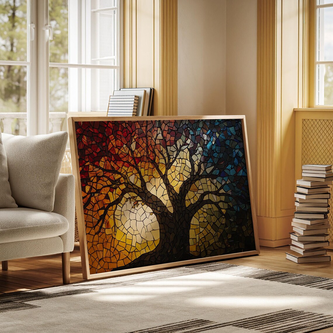 Stained Glass Tree Mosaic With Fiery Sunset Gradient Colors Poster - Image 3