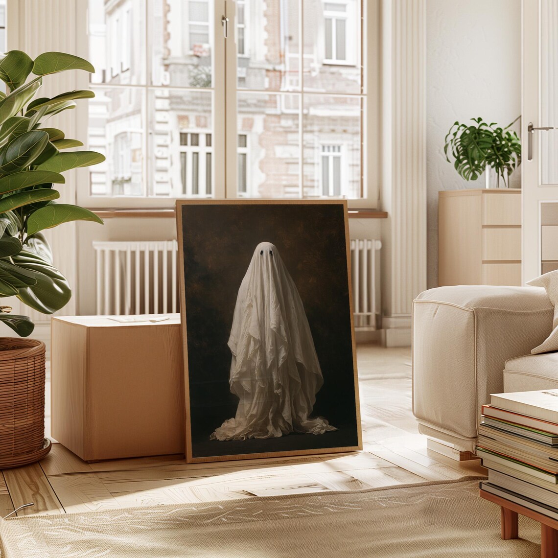 Classic Portrait of Figure in Flowing White Sheet Dark Wall Art