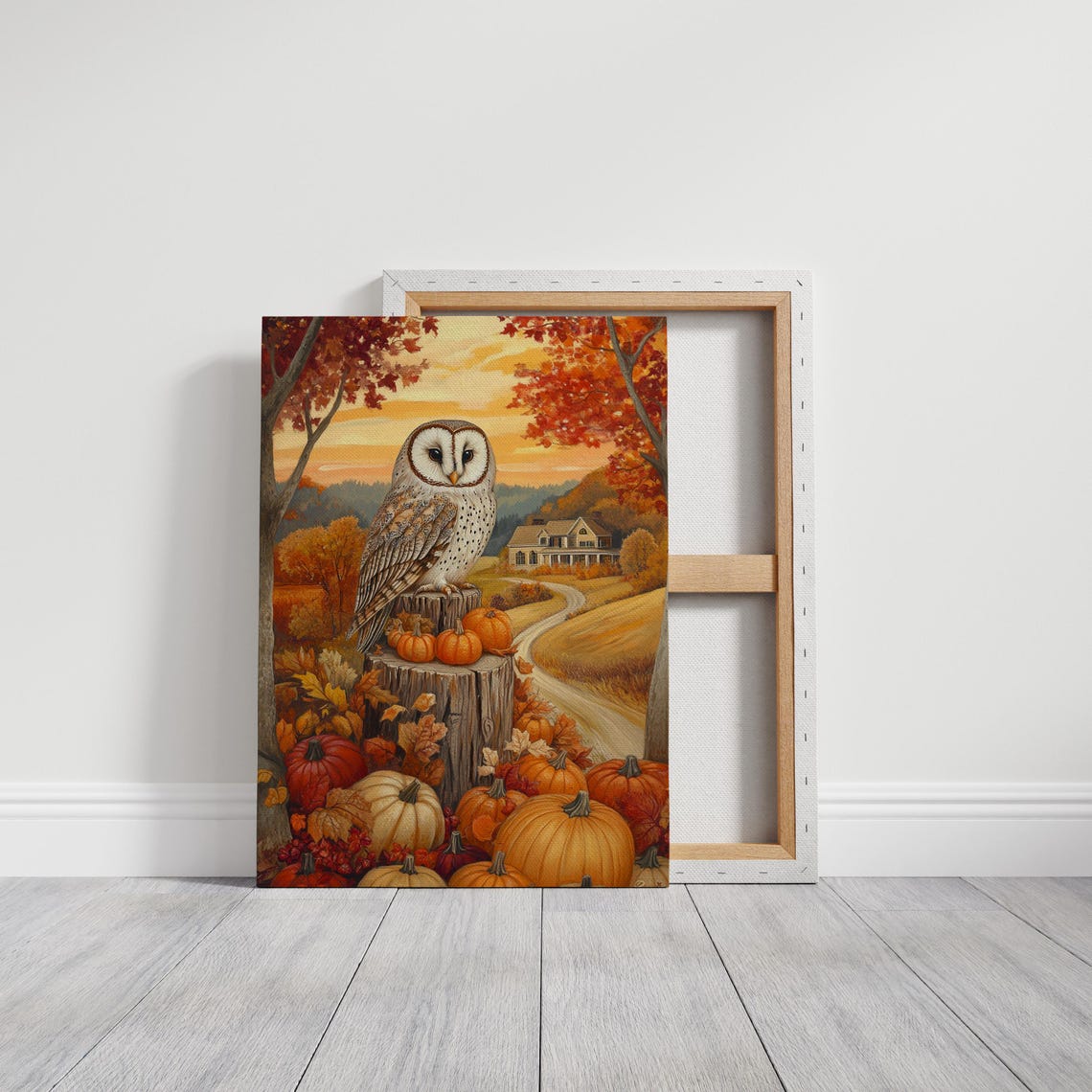 Barn Owl Perched On Stump Among Pumpkins Autumn Farm Scene Wall Art - Image 3