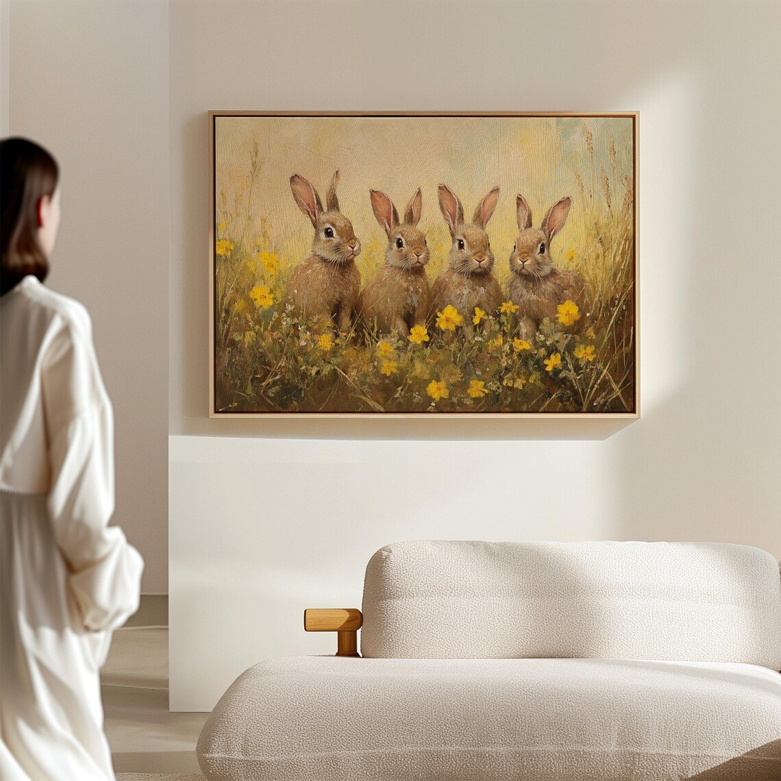 Adorable Rabbits In Meadow, Rustic Spring Art - Image 7