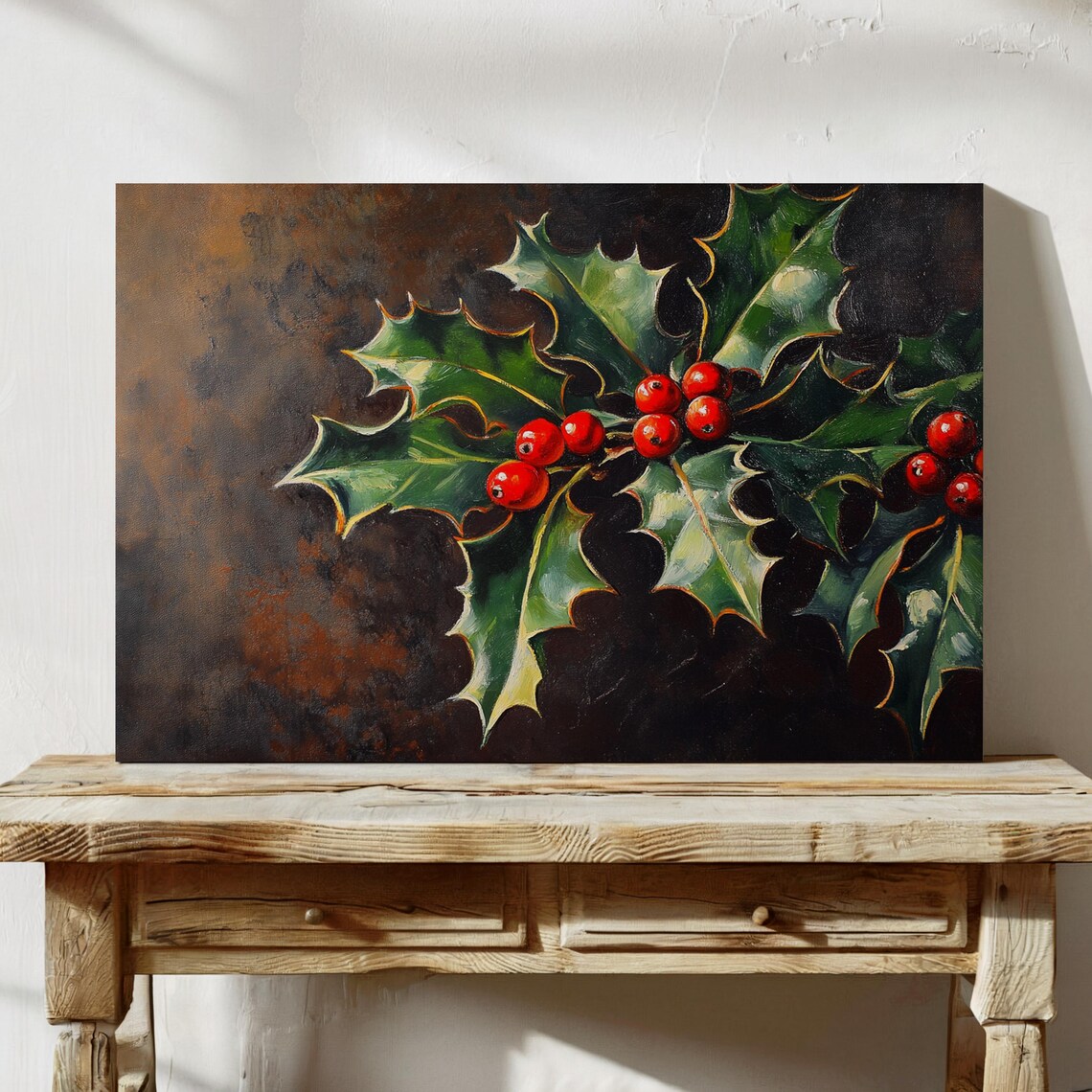 Holly Leaves And Red Berries Dark Oil Painting Christmas Wall Art
