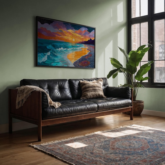 Colorful Sunset Beach Ocean Wave Surf Art Vibrant Coastal Poster