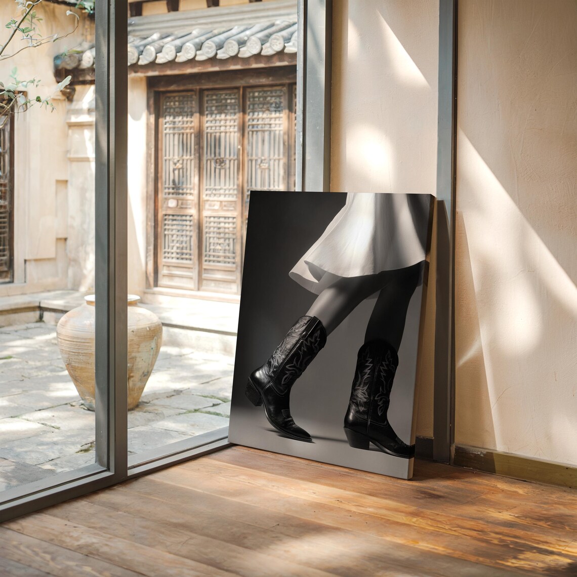 Black Cowboy Boots on Woman Black and White Fashion Art Poster