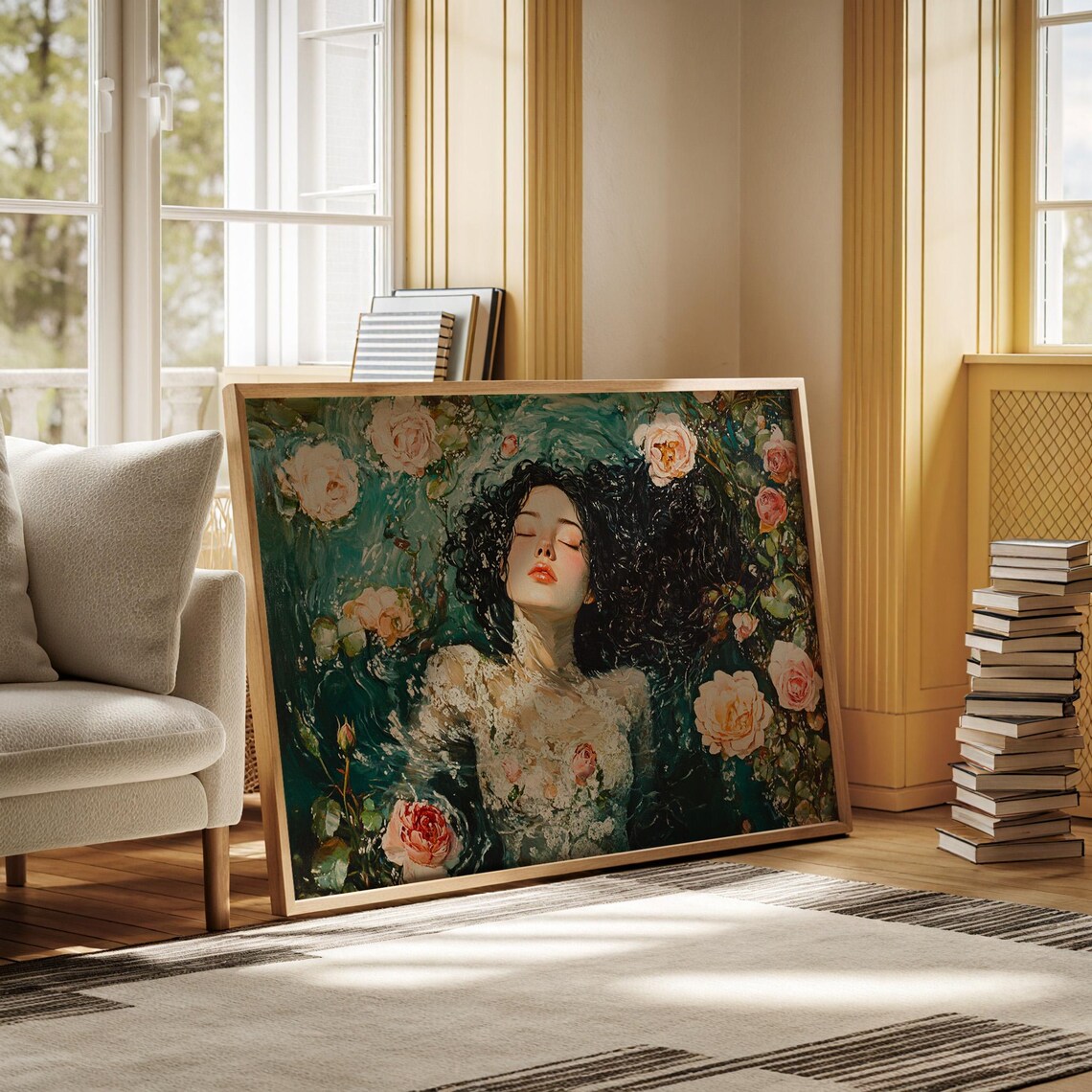 Woman Floating Among Roses Ethereal Dark Floral Water Painting Print