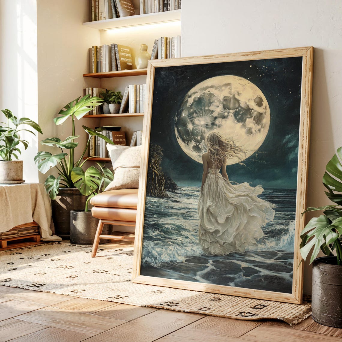 Woman In White Dress Under Full Moon Night Ocean Celestial Poster