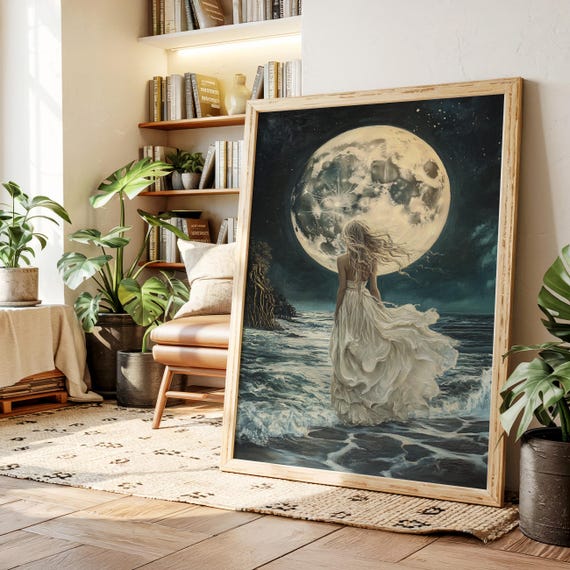 Moonlit Ocean Goddess Canvas Wall Art Woman In White Dress Beach Poster Ethereal Full Moon Night Scene Celestial Coastal Decor