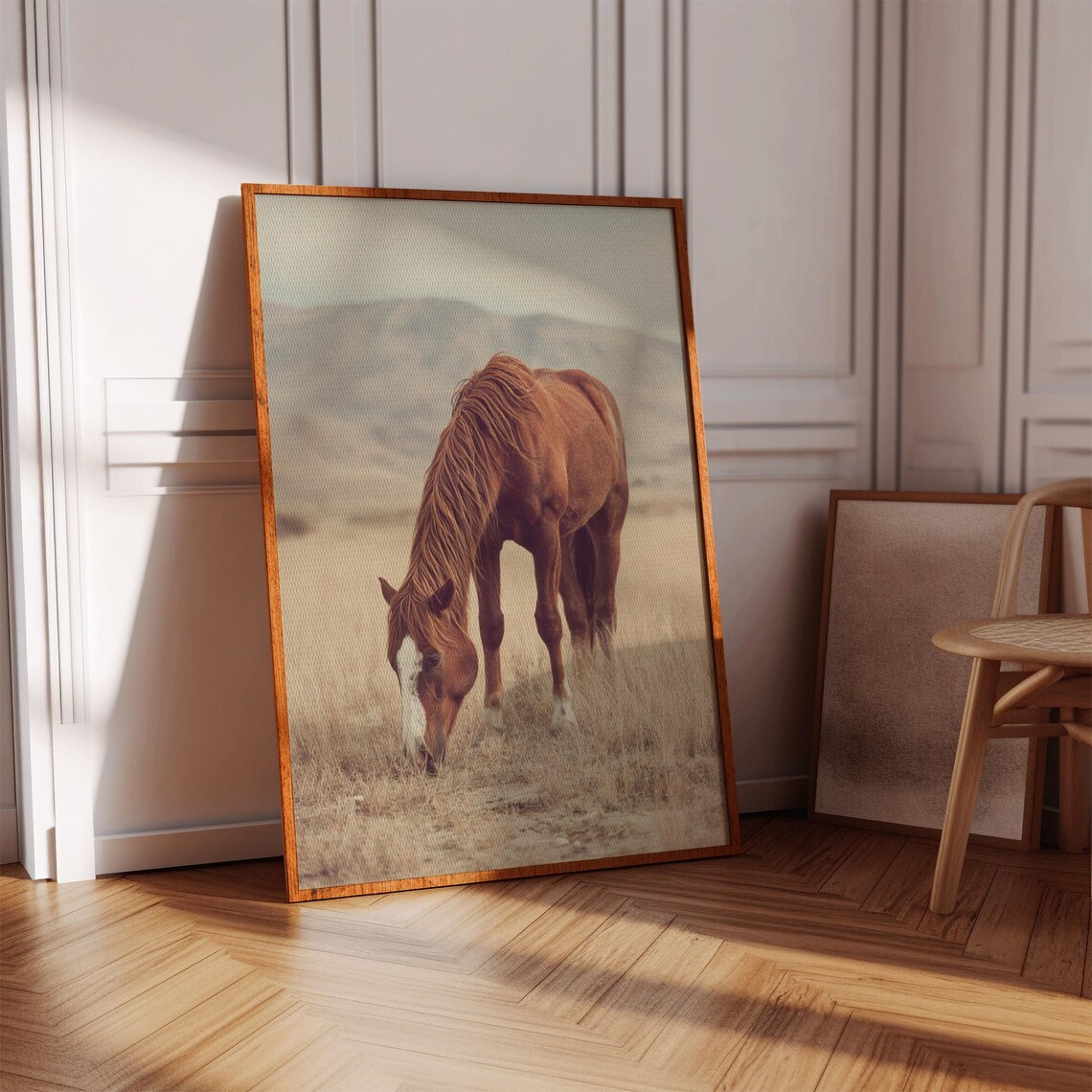 Chestnut Horse Grazing In Golden Field Warm Sunset Tones Print