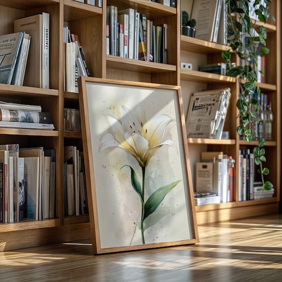 Elegant White Lily Botanical Watercolor Minimalist Floral Poster