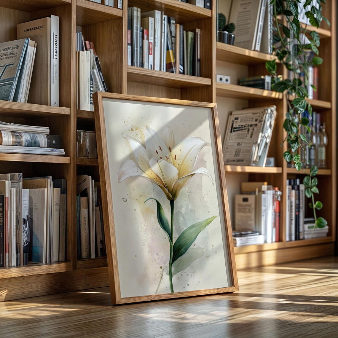 Elegant White Lily Botanical Watercolor Minimalist Floral Poster
