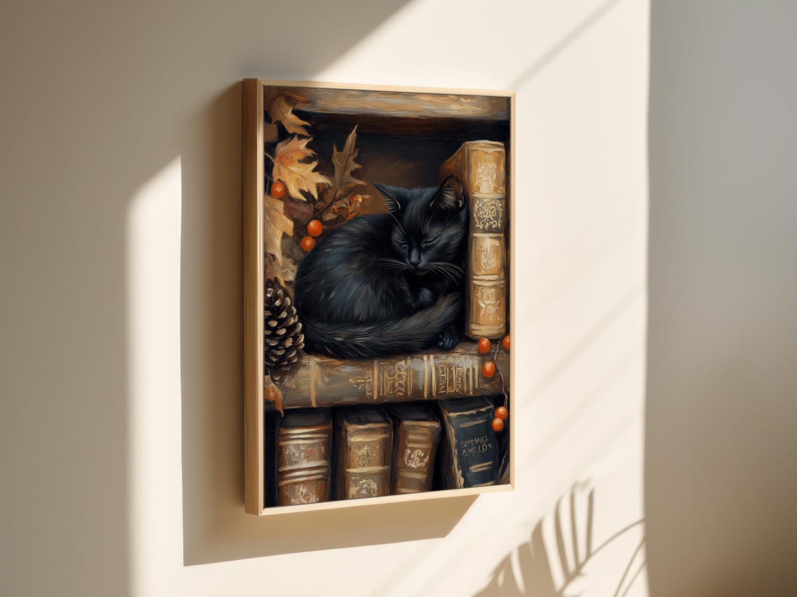 Black Cat Sleeping on Antique Books With Autumn Leaves Poster - Image 4