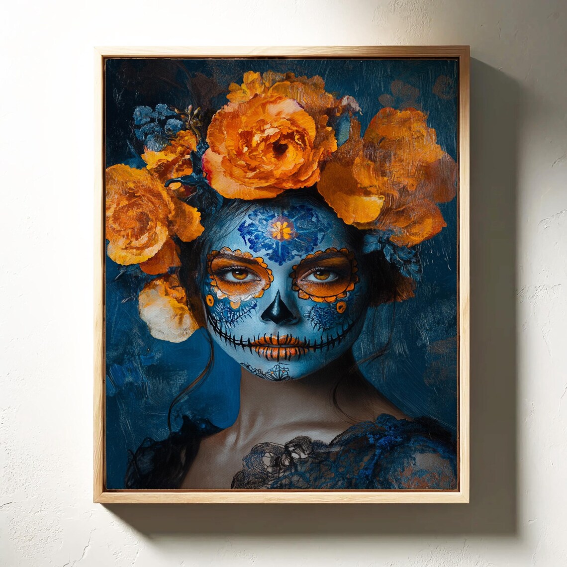 Blue Sugar Skull Orange Flowers Day Of The Dead Bold Portrait Poster - Image 3