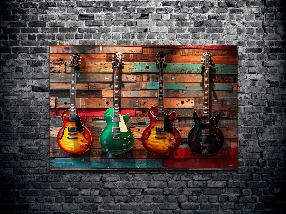 Colorful Electric Guitars On Rustic Wood Planks Music Room Wall Art - Image 2