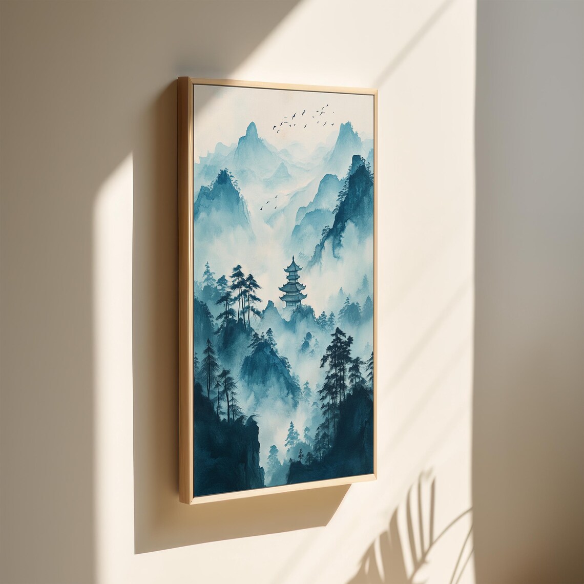 Blue Ink Mountain Pagoda Misty Pines Serene Asian Zen Poster - Image 2