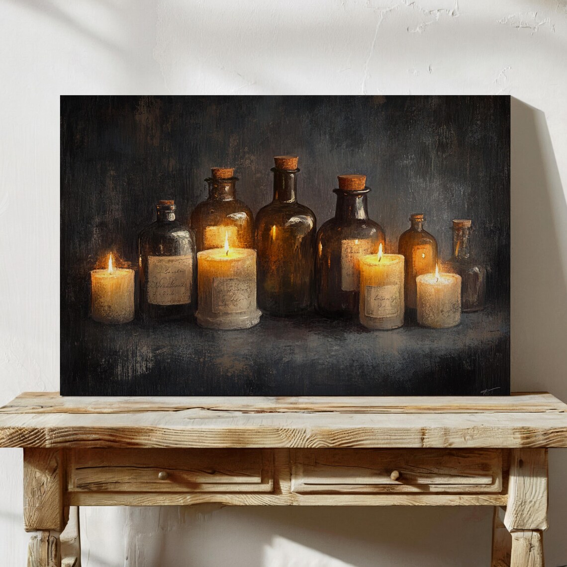 Amber Glass Bottles And Lit Candles Dark Moody Still Life Poster - Image 7