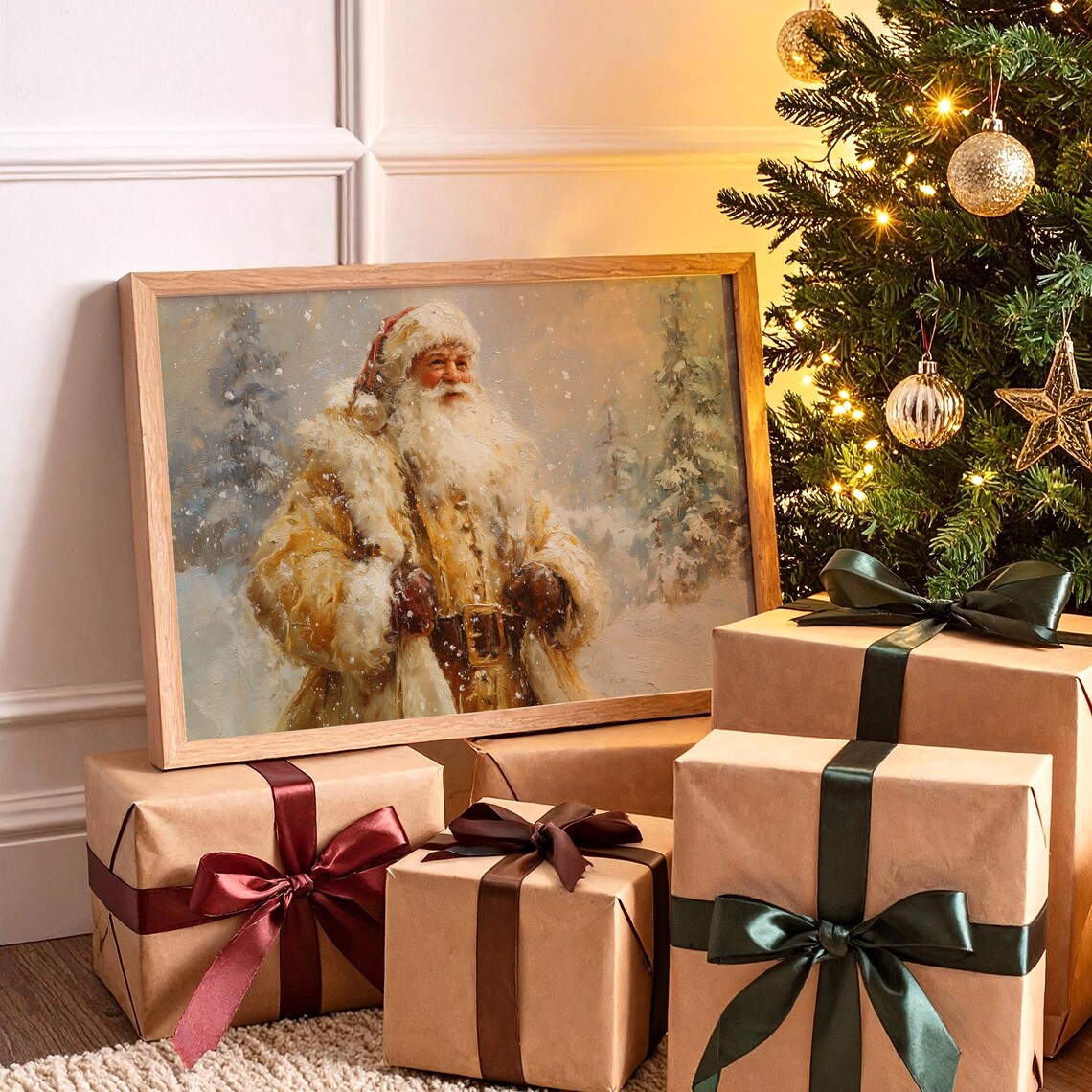 Golden Santa in Snowy Forest Classic Christmas Painting Poster