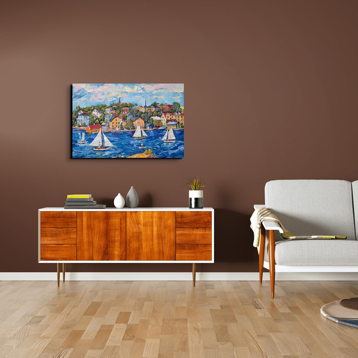 Coastal Village Sailboats Naive Art Style Harbor Painting Poster - Image 6