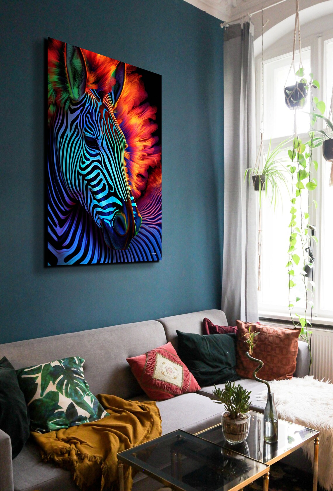 Neon Zebra Portrait Fiery Orange Mane Colorful Animal Wall Art - Image 3