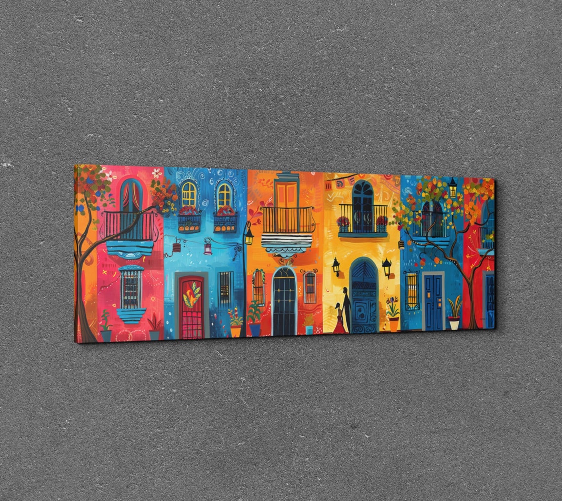 Colorful Mexican Colonial Street Facades Panoramic Folk Poster - Image 3