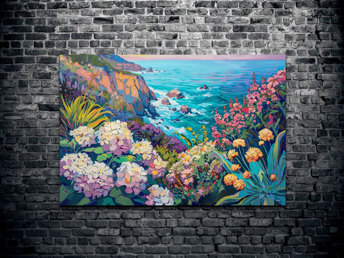 Cliffside Flowers Over Turquoise Ocean Vibrant Coastal Poster - Image 2