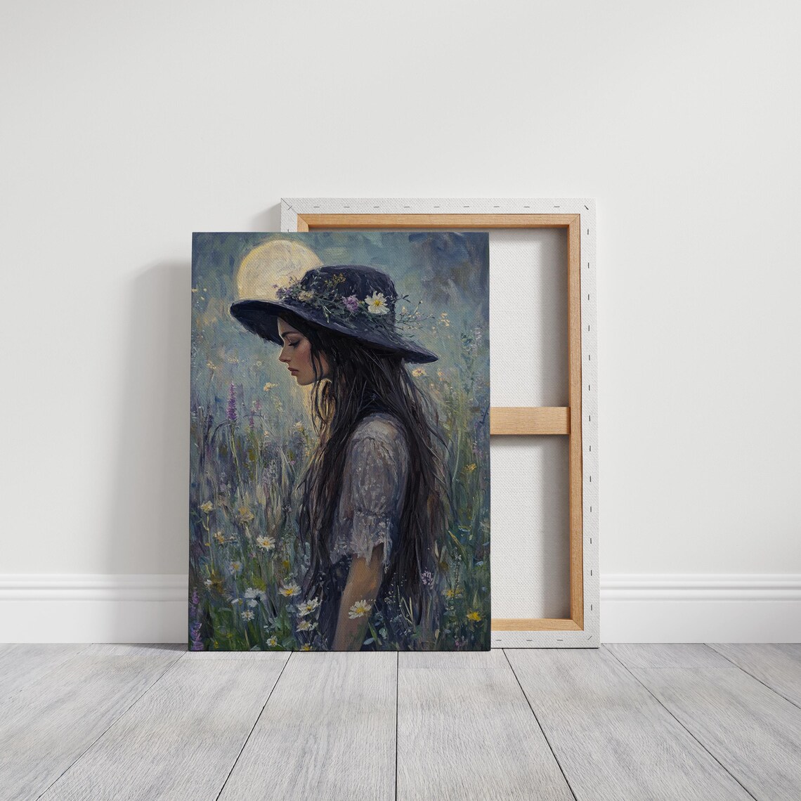 Dreamy Woman in a Flower Covered Hat Beneath a Golden Moon Poster - Image 3