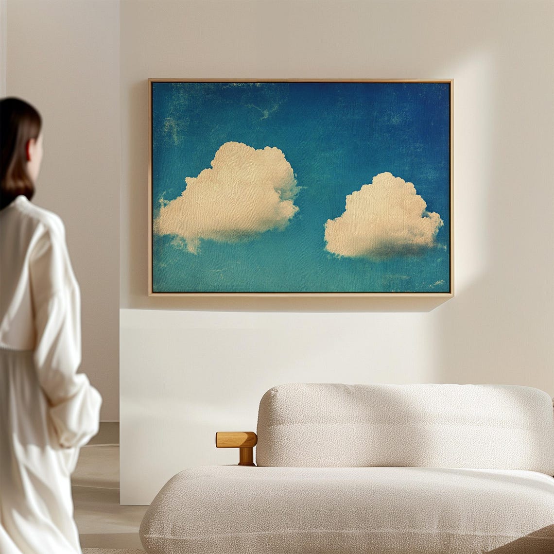 Two Fluffy White Clouds On Bright Blue Textured Sky Vintage Poster - Image 7