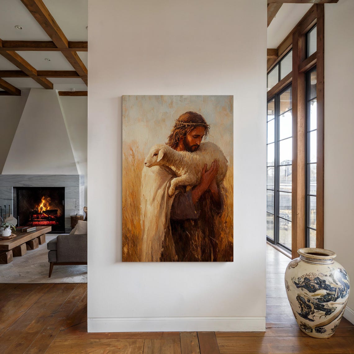 Jesus Crown Of Thorns Cradling Lamb Golden Wheat Field Poster - Image 4