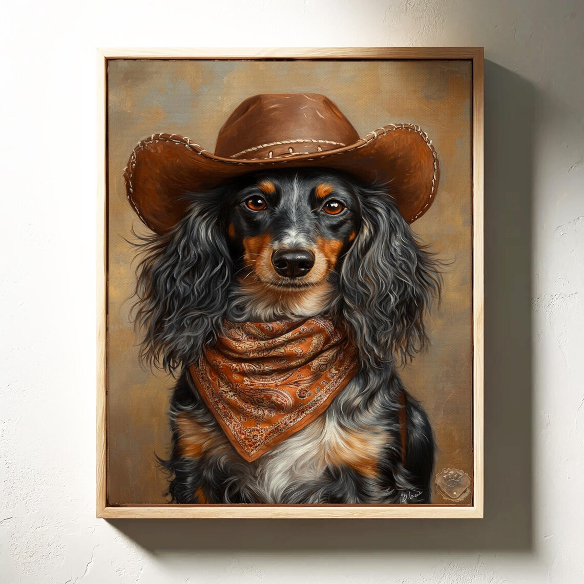 Long Haired Dapple Dachshund Cowboy Western Dog Portrait Poster - Image 4