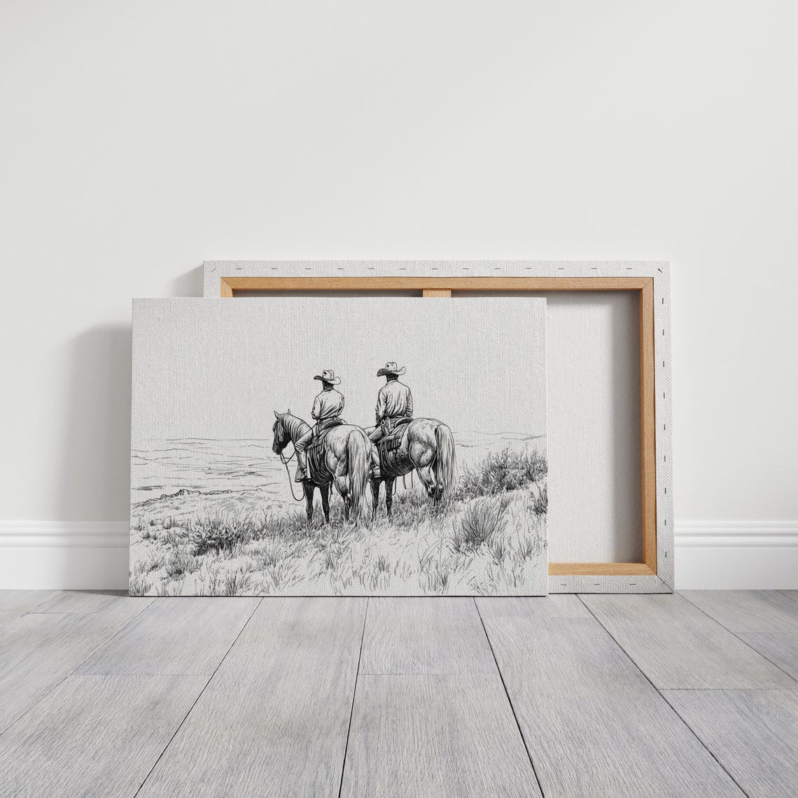 Cowboys On Horseback Art Western Line Art Rustic Ranch Decor Black And White Cowboy Drawing - Image 3