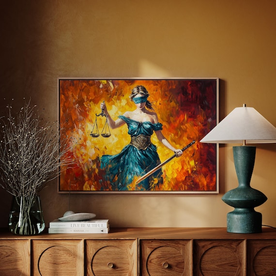 Lady Justice Blindfolded Oil Painting Fiery Abstract Canvas Art Poster