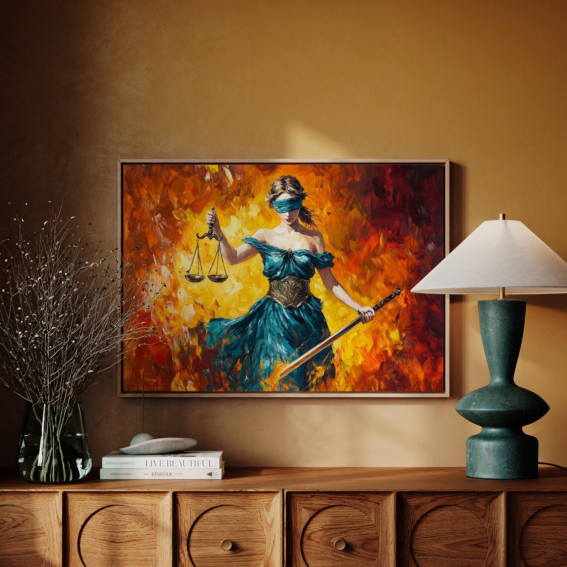 Lady Justice Blindfolded Oil Painting Fiery Abstract Canvas Art Poster