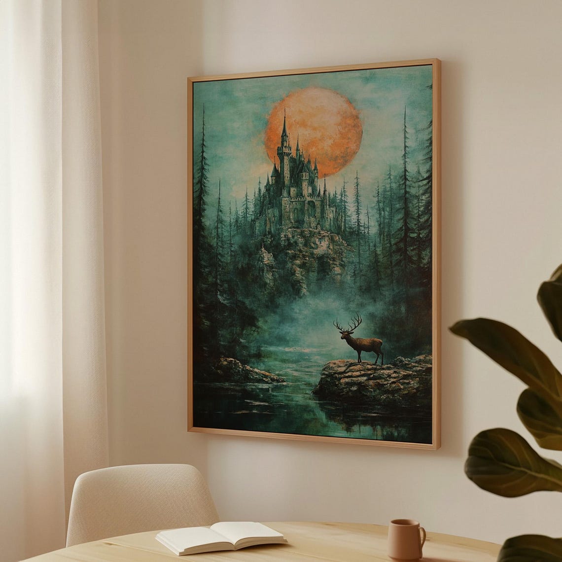 Enchanted Castle Under Orange Moon With Elk Fantasy Art Poster - Image 3