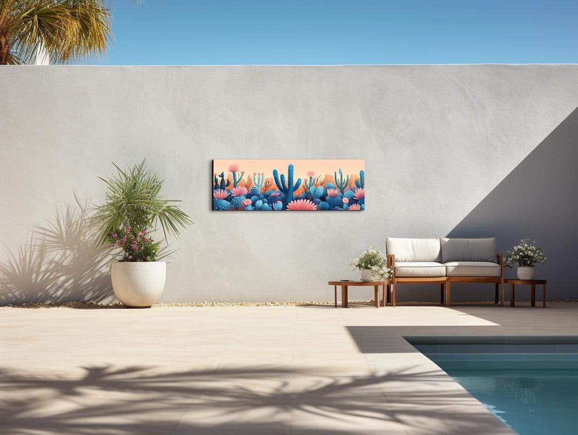 Desert Cactus Bloom Scene Pink Flowers Golden Sky Art Poster - Image 3