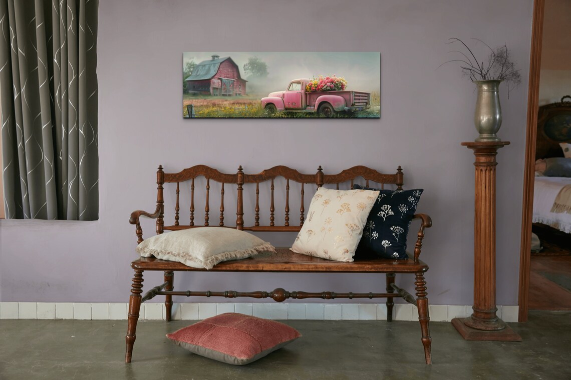 Vintage Pink Pickup Truck with Flowers by Red Barn Farm Poster - Image 4