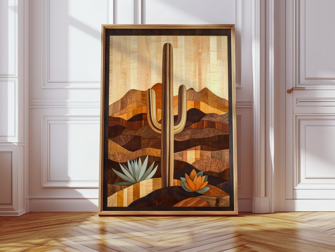 Saguaro Cactus And Desert Hills Wood Marquetry Style Wall Art