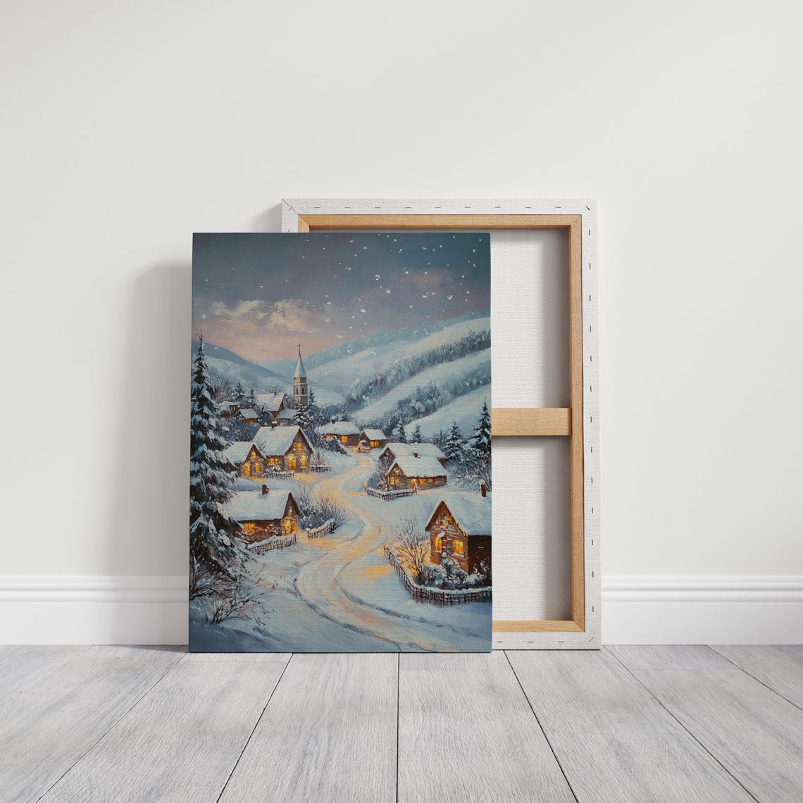 Snowy Village at Dusk With Church Glowing Windows Winter Night Poster - Image 3