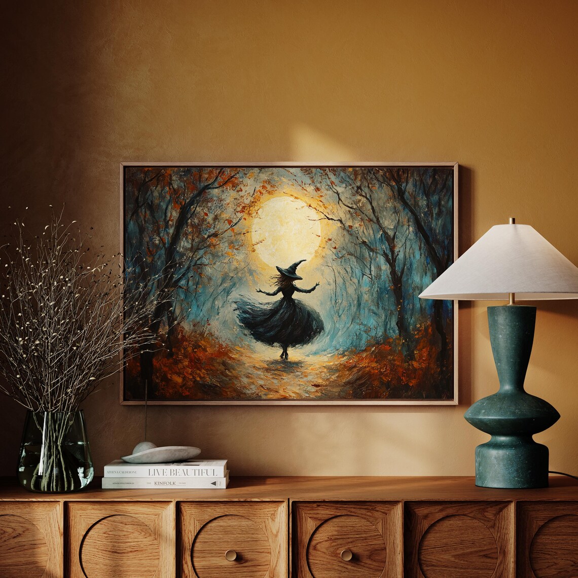 Dancing Witch in Moonlit Forest, Halloween Art Print