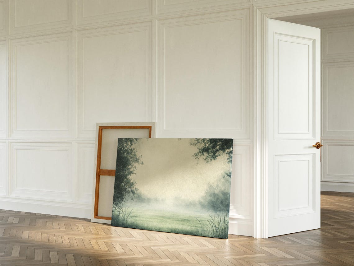 Tranquil Misty Meadow With Soft Fog And Tree Lined Green Field Poster - Image 2