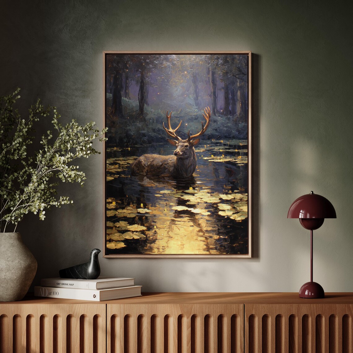 Stag In Enchanted Forest Pond, Nature Wildlife Art Print