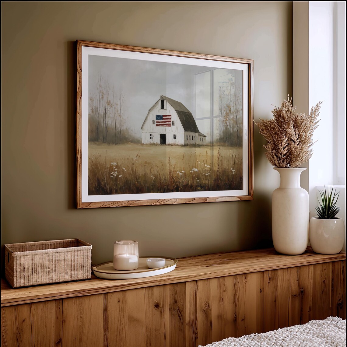 Rustic White Barn With Flag, Autumn Field Art Print