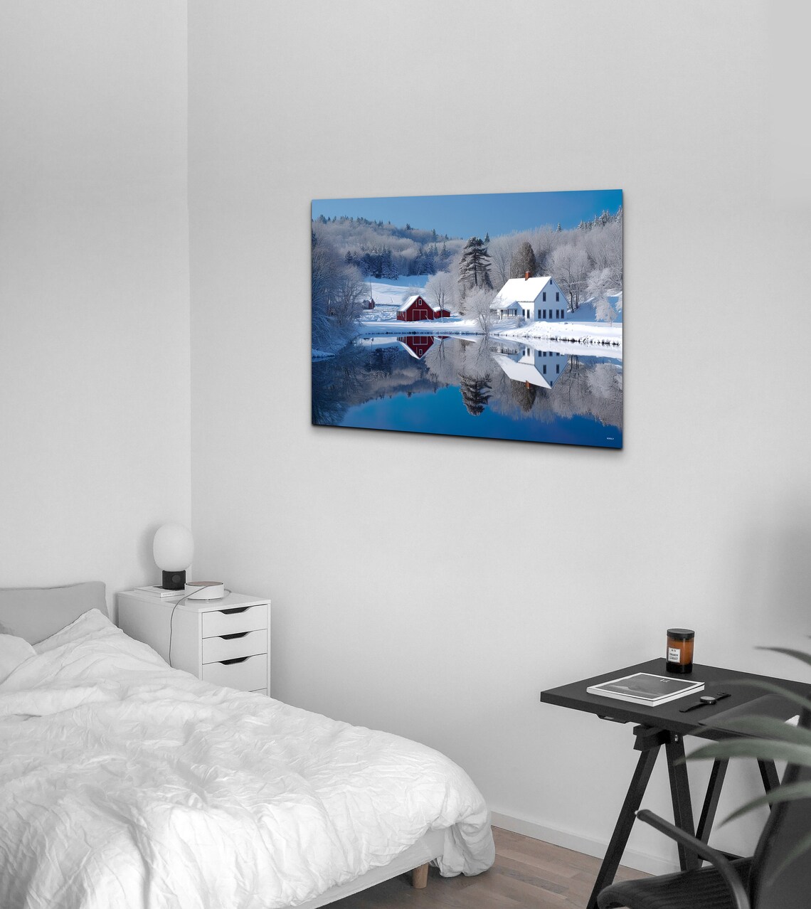 Red Barn Farmhouse Snowy Lake Reflection Winter Landscape Poster - Image 3