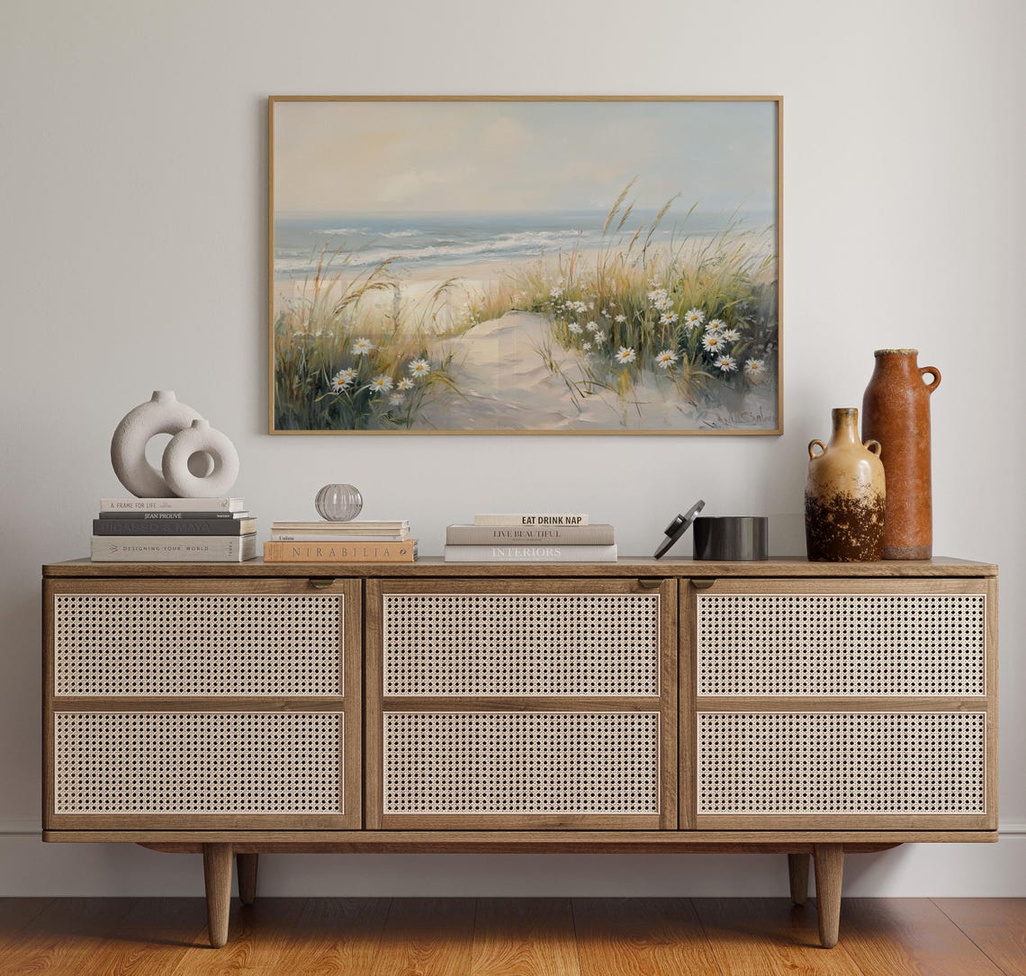 A Serene Beach Dune Path With Wild Daisies Coastal Seascape Poster