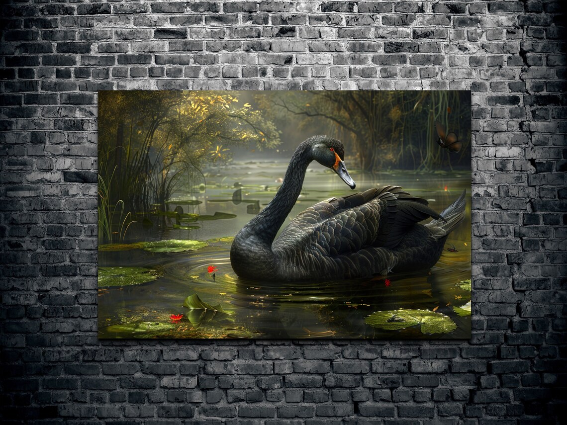 Serene Black Swan Gliding on Lily Pond Green Water Wildlife Poster - Image 2