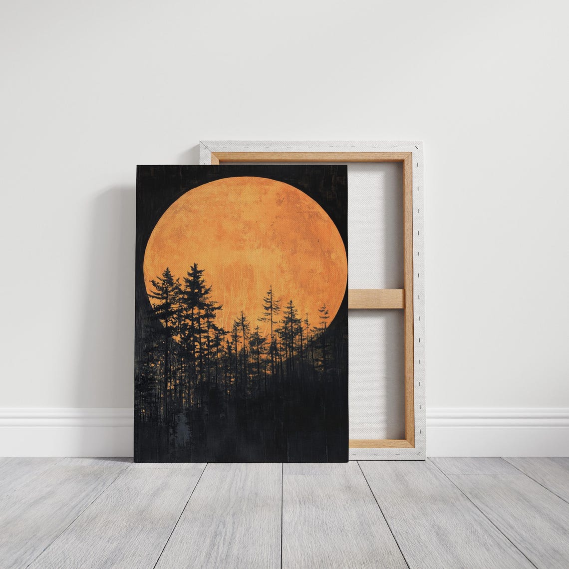 Orange Full Moon Art Mystical Forest Night Scene With Silhouetted Trees Celestial Wall Decor For Serene Ambiance - Image 3
