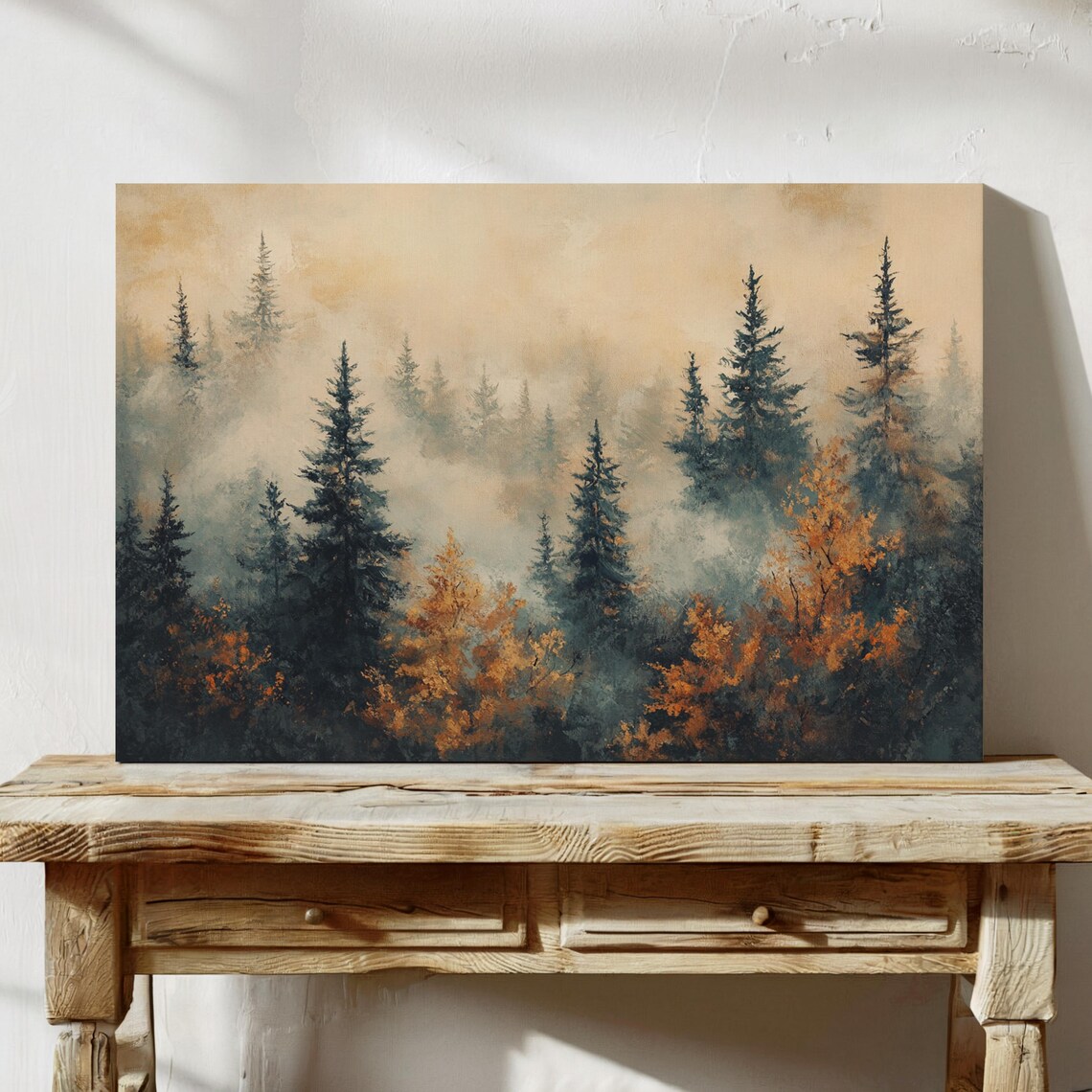 Misty Autumn Forest Golden Orange Foliage And Foggy Evergreens Wall Art - Image 7